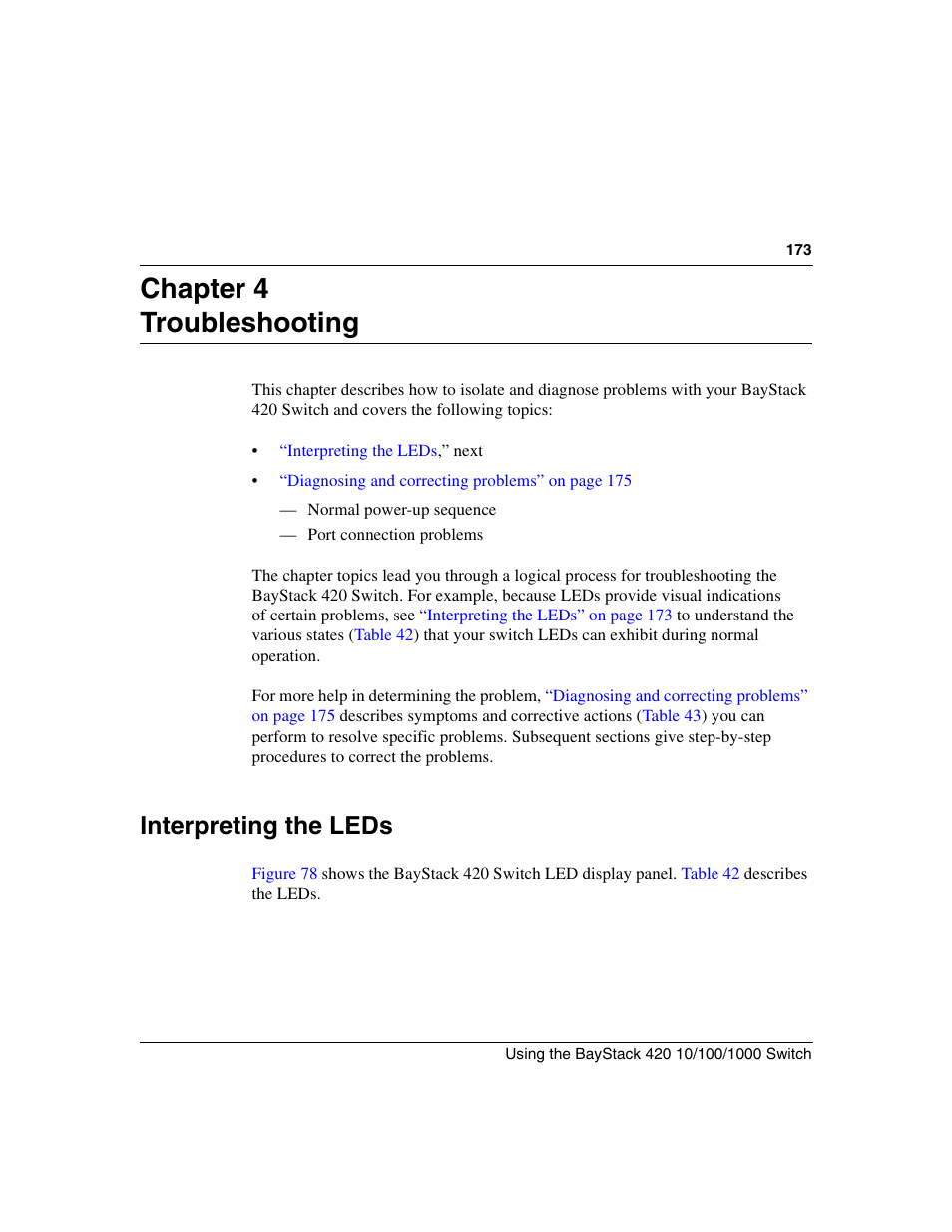 Chapter 4 troubleshooting, Interpreting the leds | Nortel Networks 1000ASE-XD User Manual | Page 173 / 214