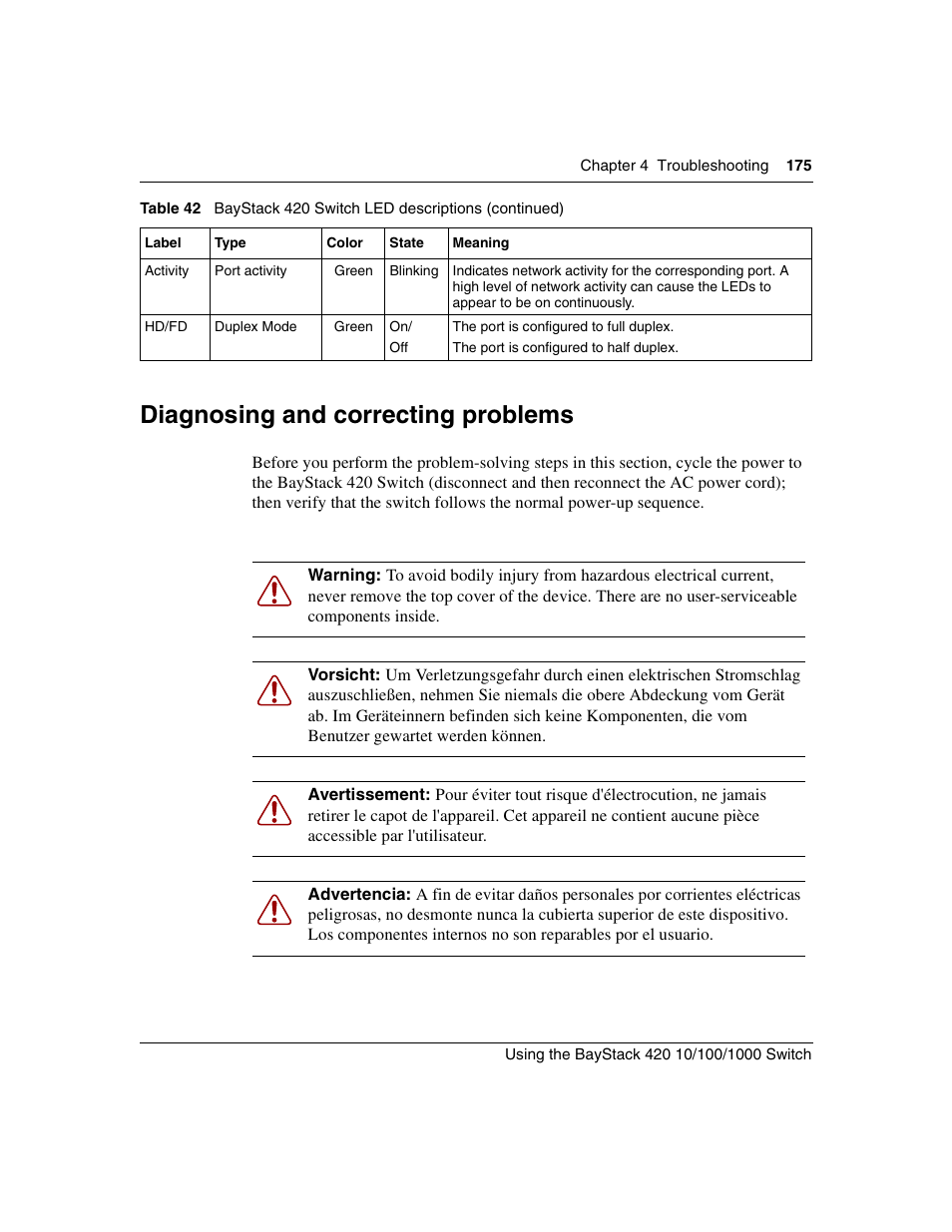 Diagnosing and correcting problems | Nortel Networks 1000ASE-XD User Manual | Page 175 / 214