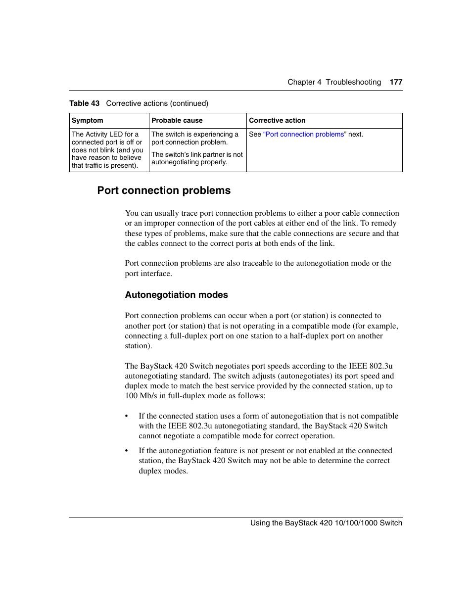 Port connection problems, Autonegotiation modes | Nortel Networks 1000ASE-XD User Manual | Page 177 / 214