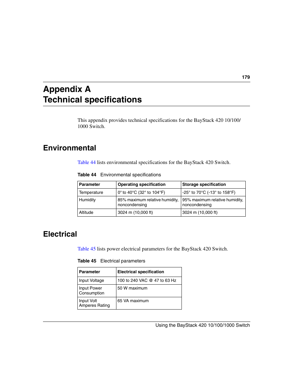 Appendix a technical specifications, Environmental, Electrical | Table 44, Environmental specifications, Table 45, Electrical parameters | Nortel Networks 1000ASE-XD User Manual | Page 179 / 214