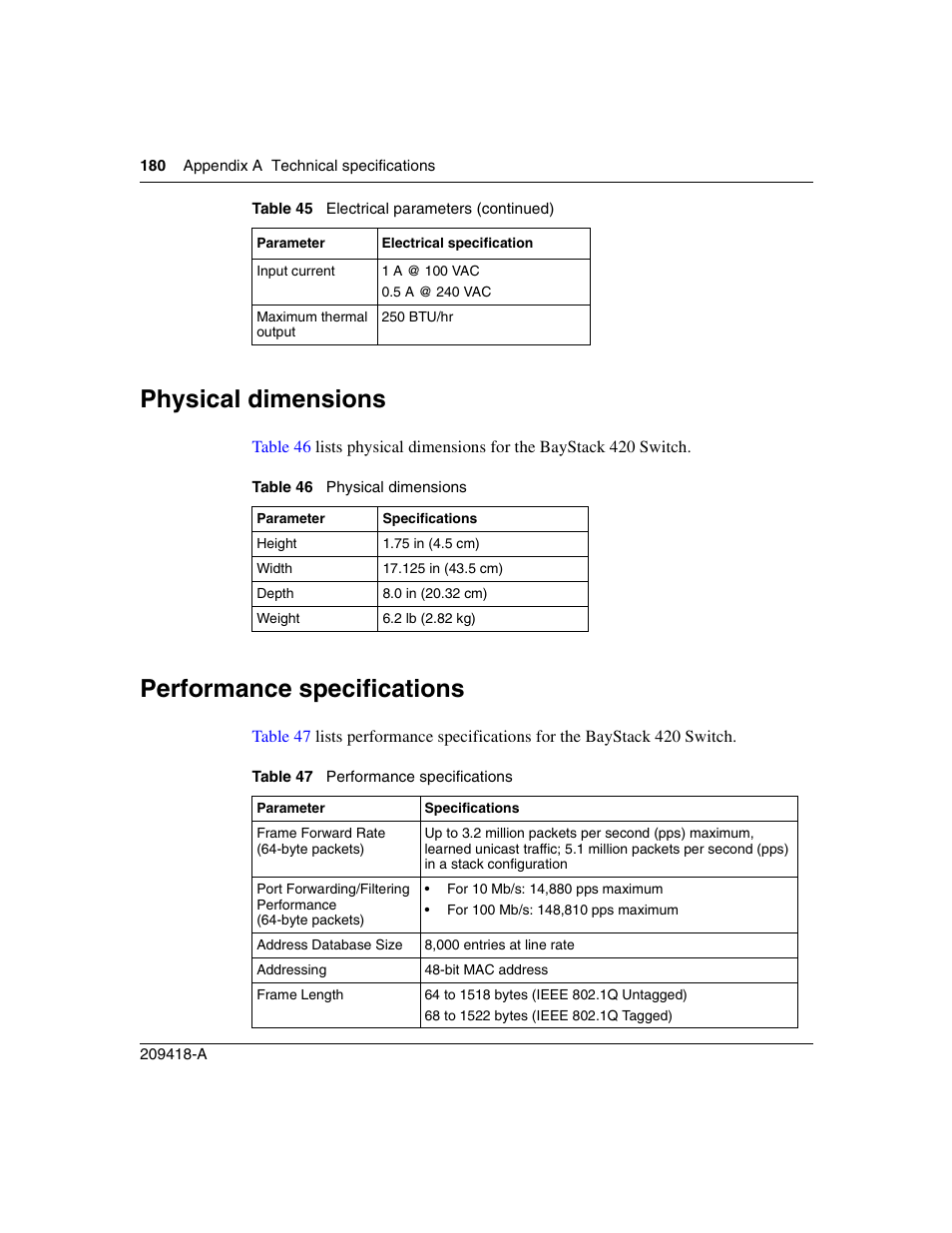 Physical dimensions, Performance specifications, Table 46 | Table 47 | Nortel Networks 1000ASE-XD User Manual | Page 180 / 214
