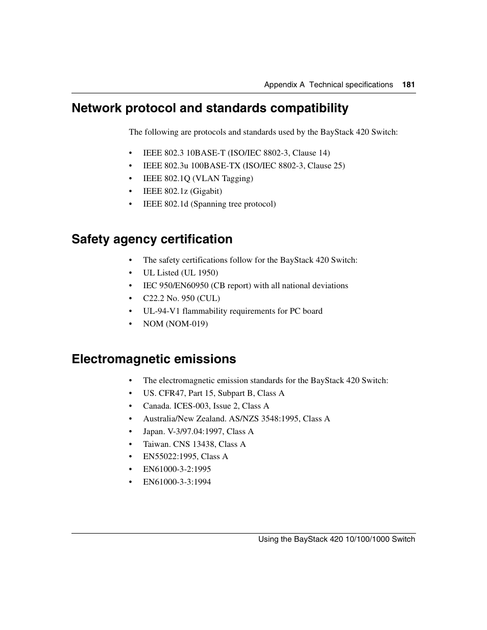 Network protocol and standards compatibility, Safety agency certification, Electromagnetic emissions | Nortel Networks 1000ASE-XD User Manual | Page 181 / 214
