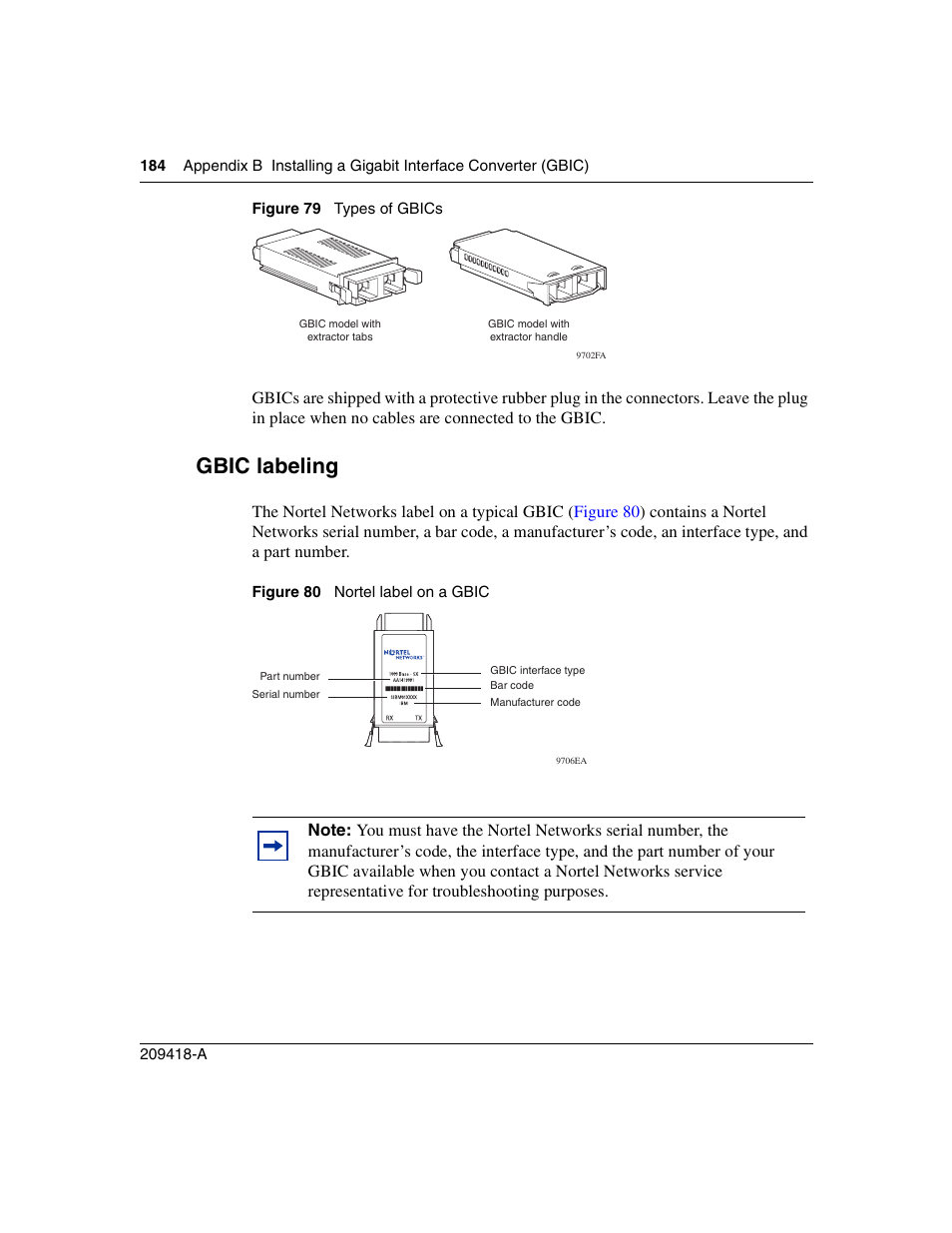 Gbic labeling, Figure 79, Types of gbics | Figure 80, Nortel label on a gbic | Nortel Networks 1000ASE-XD User Manual | Page 184 / 214