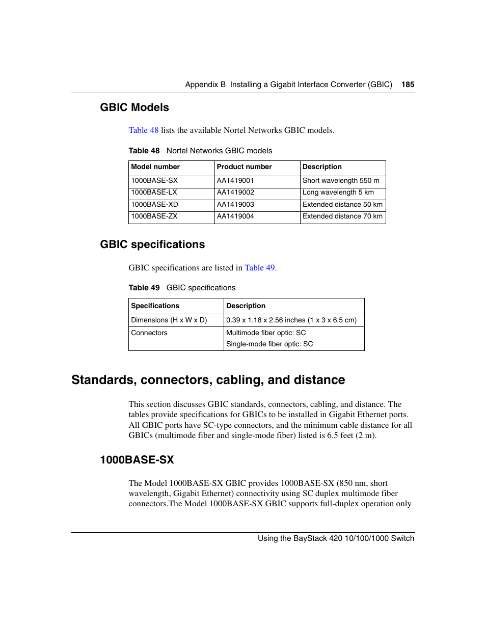 Gbic models, Gbic specifications, Standards, connectors, cabling, and distance | 1000base-sx, Table 48, Nortel networks gbic models, Table 49 | Nortel Networks 1000ASE-XD User Manual | Page 185 / 214