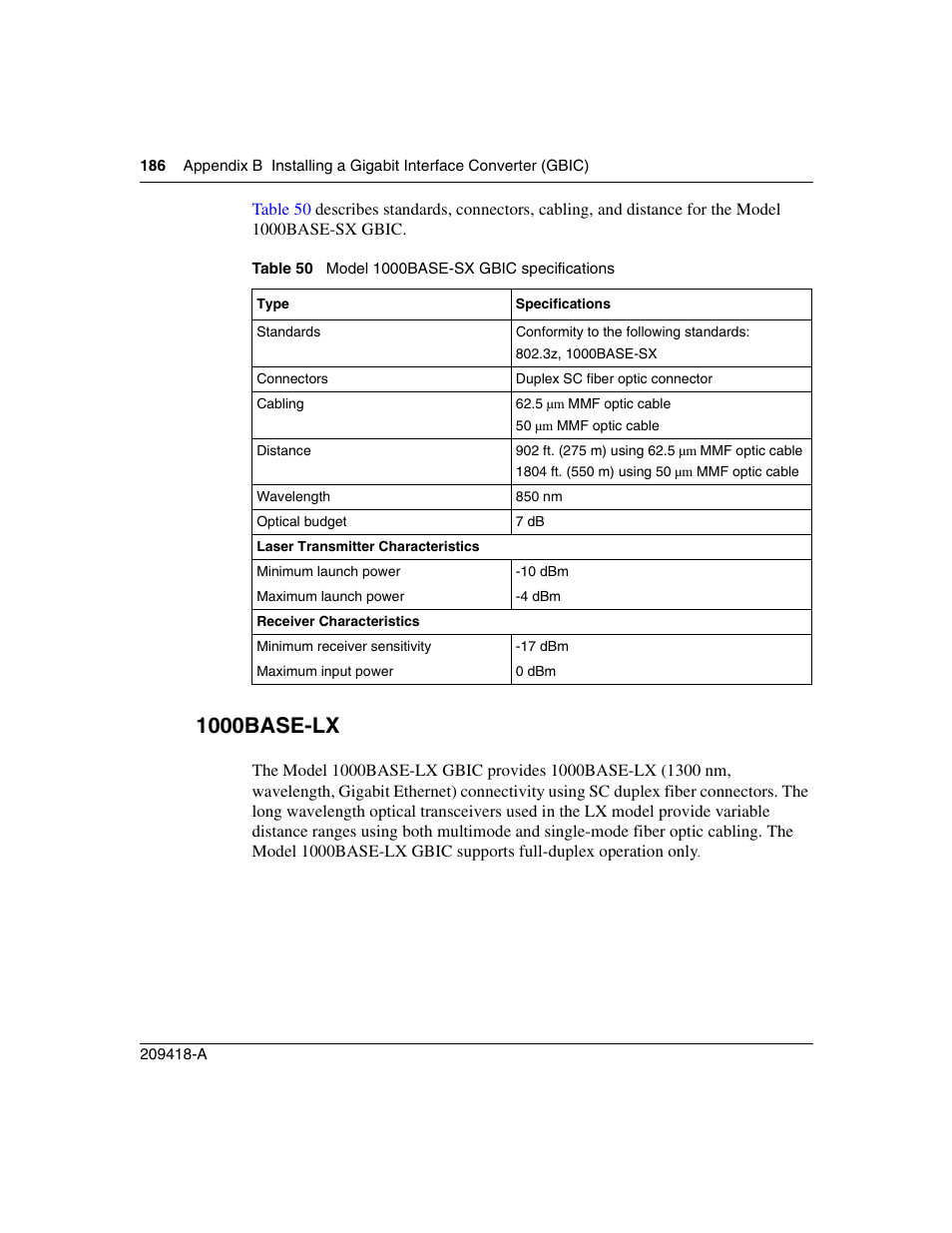 1000base-lx, Table 50, Model 1000base-sx gbic specifications | Nortel Networks 1000ASE-XD User Manual | Page 186 / 214