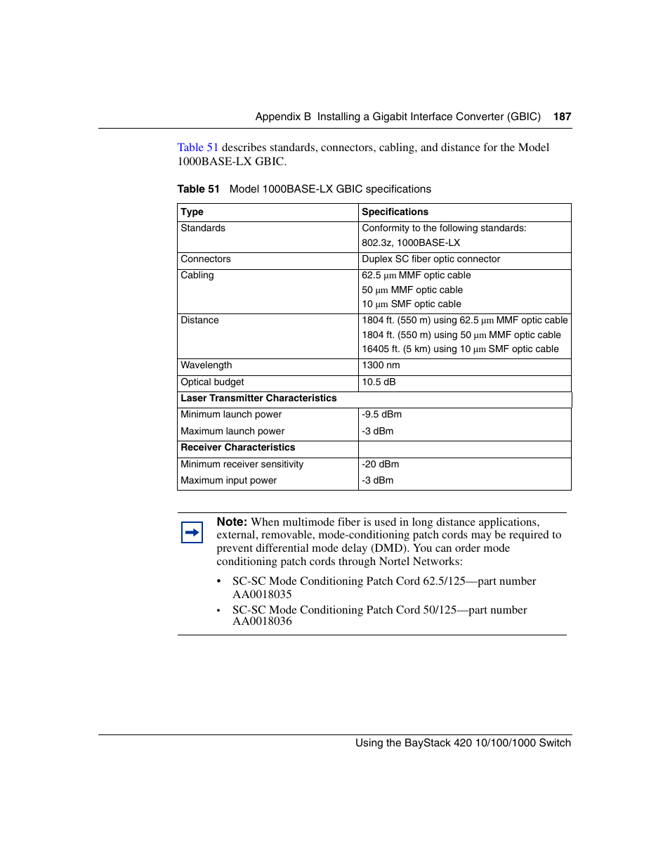 Table 51, Model 1000base-lx gbic specifications | Nortel Networks 1000ASE-XD User Manual | Page 187 / 214