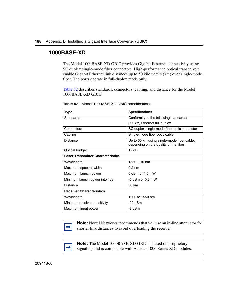 1000base-xd, Table 52, Model 1000ase-xd gbic specifications | Nortel Networks 1000ASE-XD User Manual | Page 188 / 214