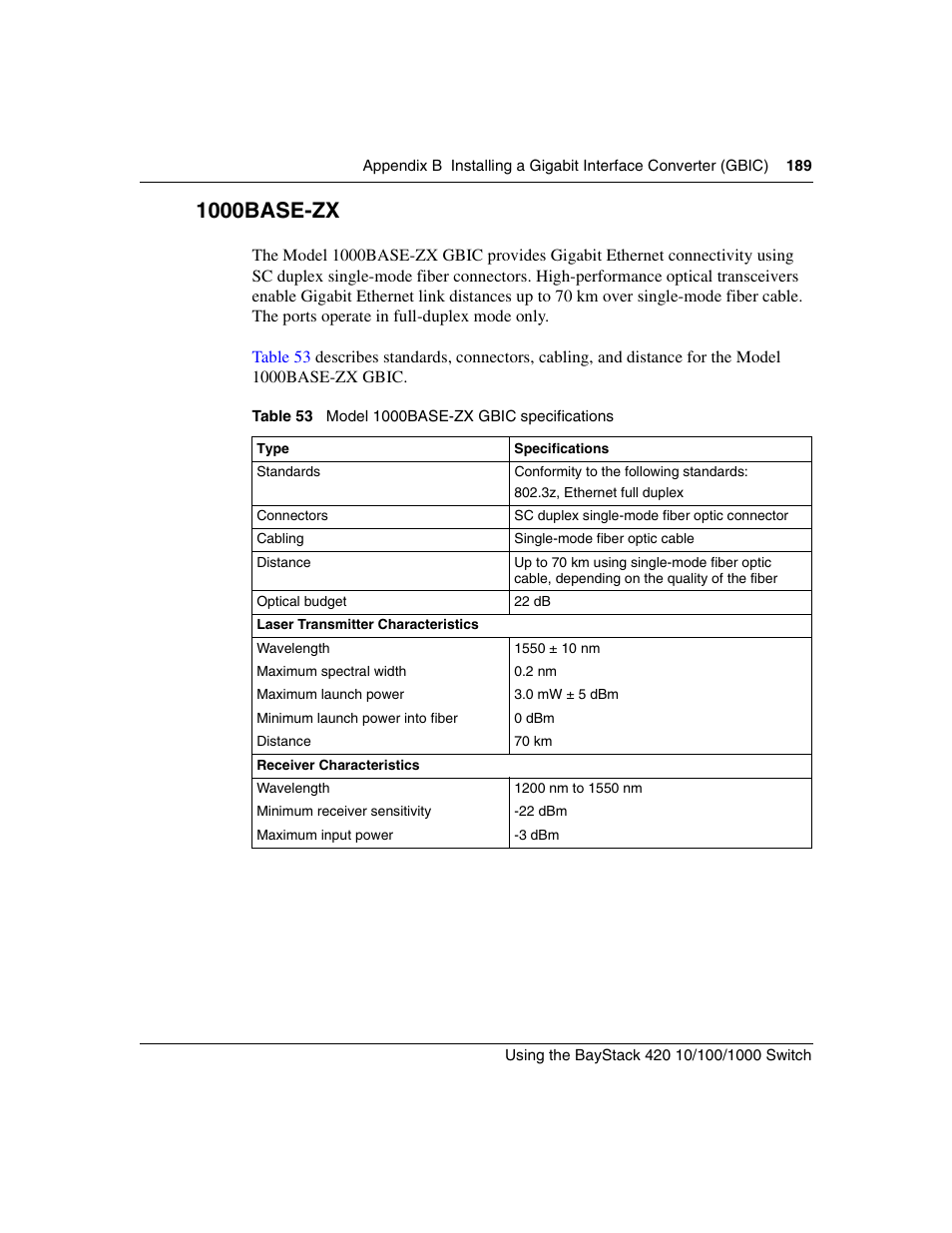 1000base-zx, Table 53, Model 1000base-zx gbic specifications | Nortel Networks 1000ASE-XD User Manual | Page 189 / 214