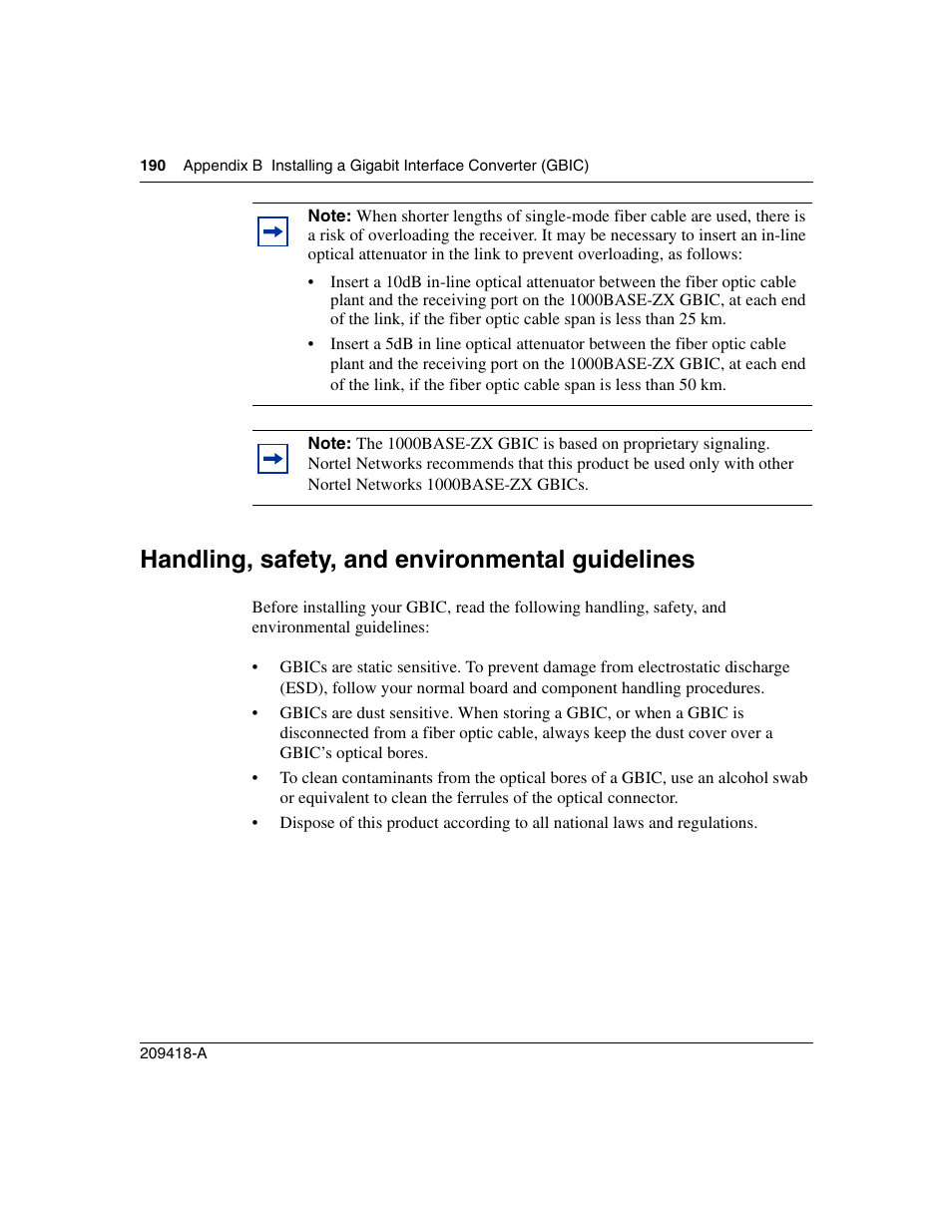 Handling, safety, and environmental guidelines | Nortel Networks 1000ASE-XD User Manual | Page 190 / 214