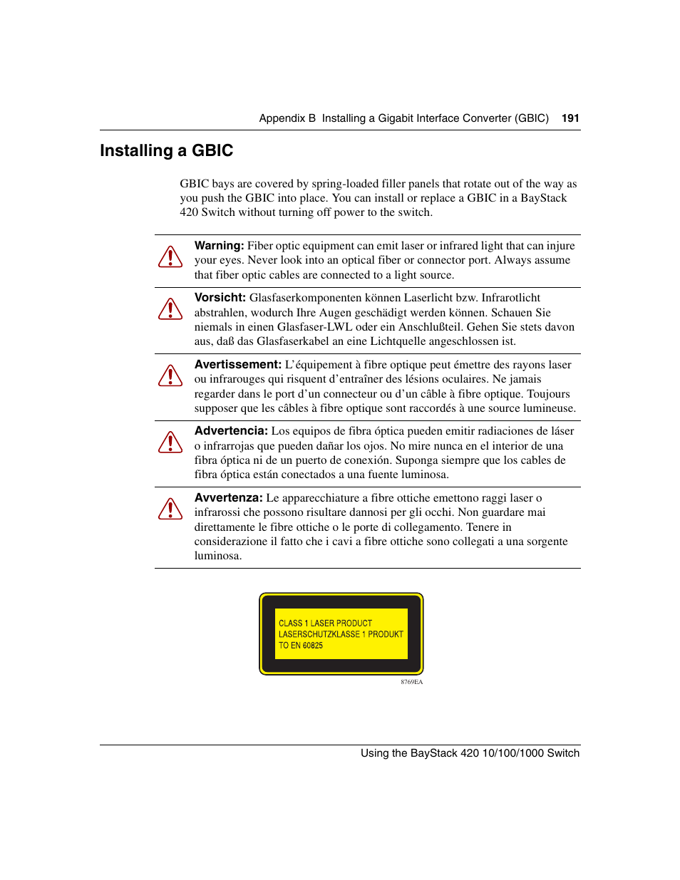 Installing a gbic | Nortel Networks 1000ASE-XD User Manual | Page 191 / 214