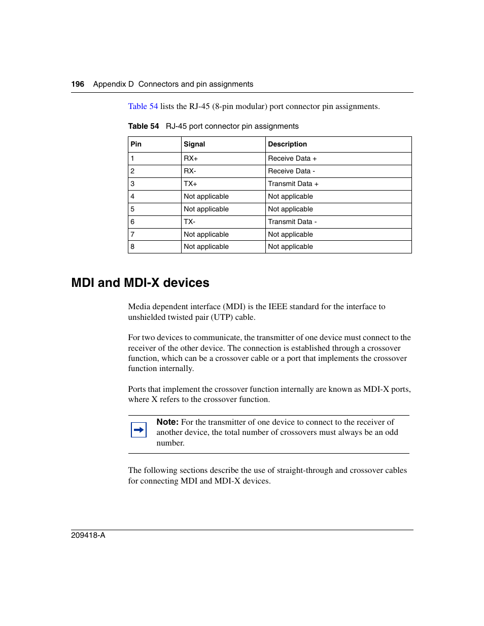 Mdi and mdi-x devices, Table 54, Rj-45 port connector pin assignments | Mdi and mdi-x devices” on | Nortel Networks 1000ASE-XD User Manual | Page 196 / 214