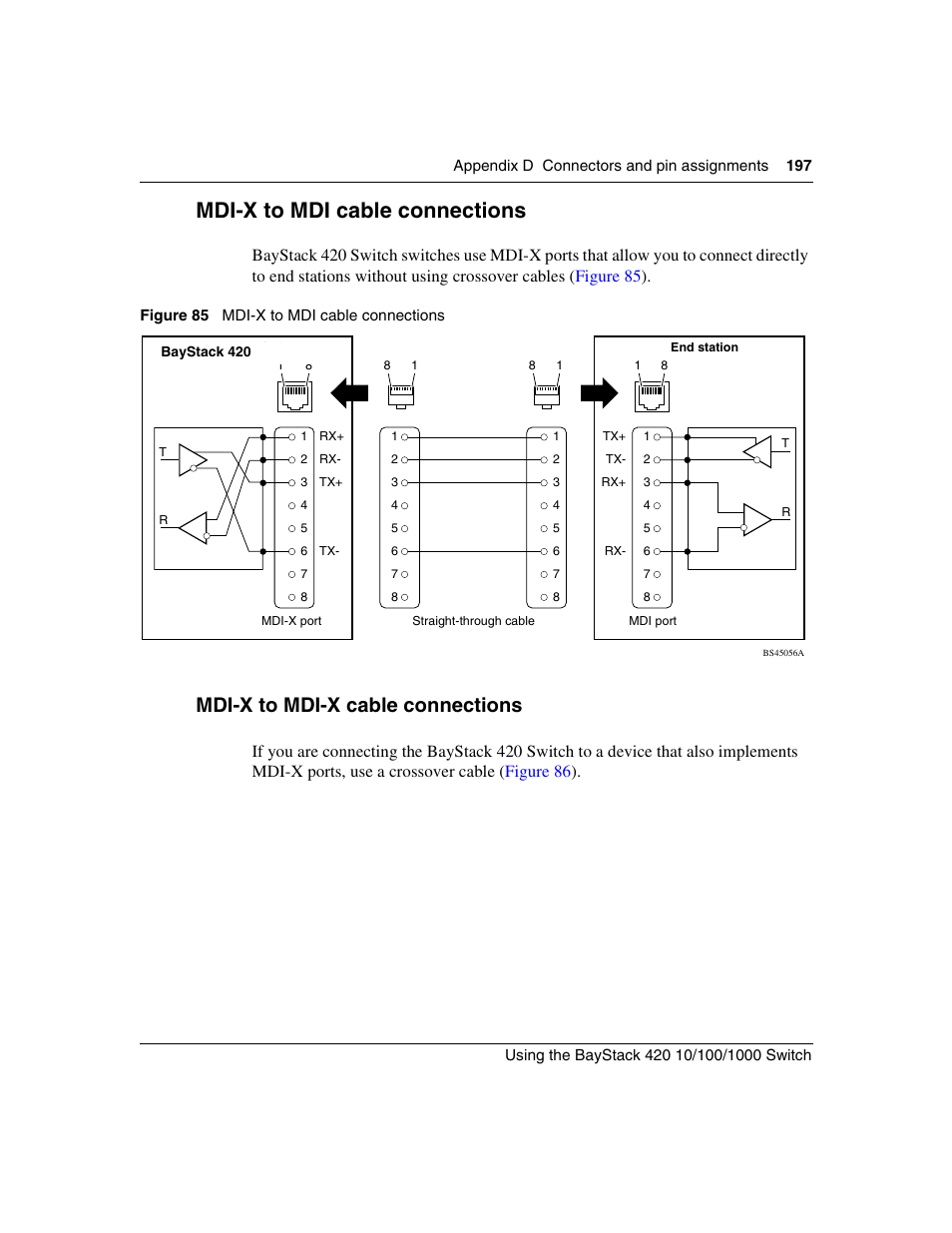 Mdi-x to mdi cable connections, Mdi-x to mdi-x cable connections, Figure 85 | Nortel Networks 1000ASE-XD User Manual | Page 197 / 214