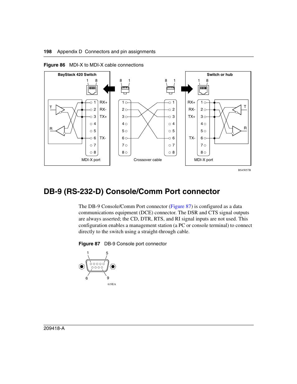 Db-9 (rs-232-d) console/comm port connector, Figure 86, Mdi-x to mdi-x cable connections | Figure 87, Db-9 console port connector | Nortel Networks 1000ASE-XD User Manual | Page 198 / 214