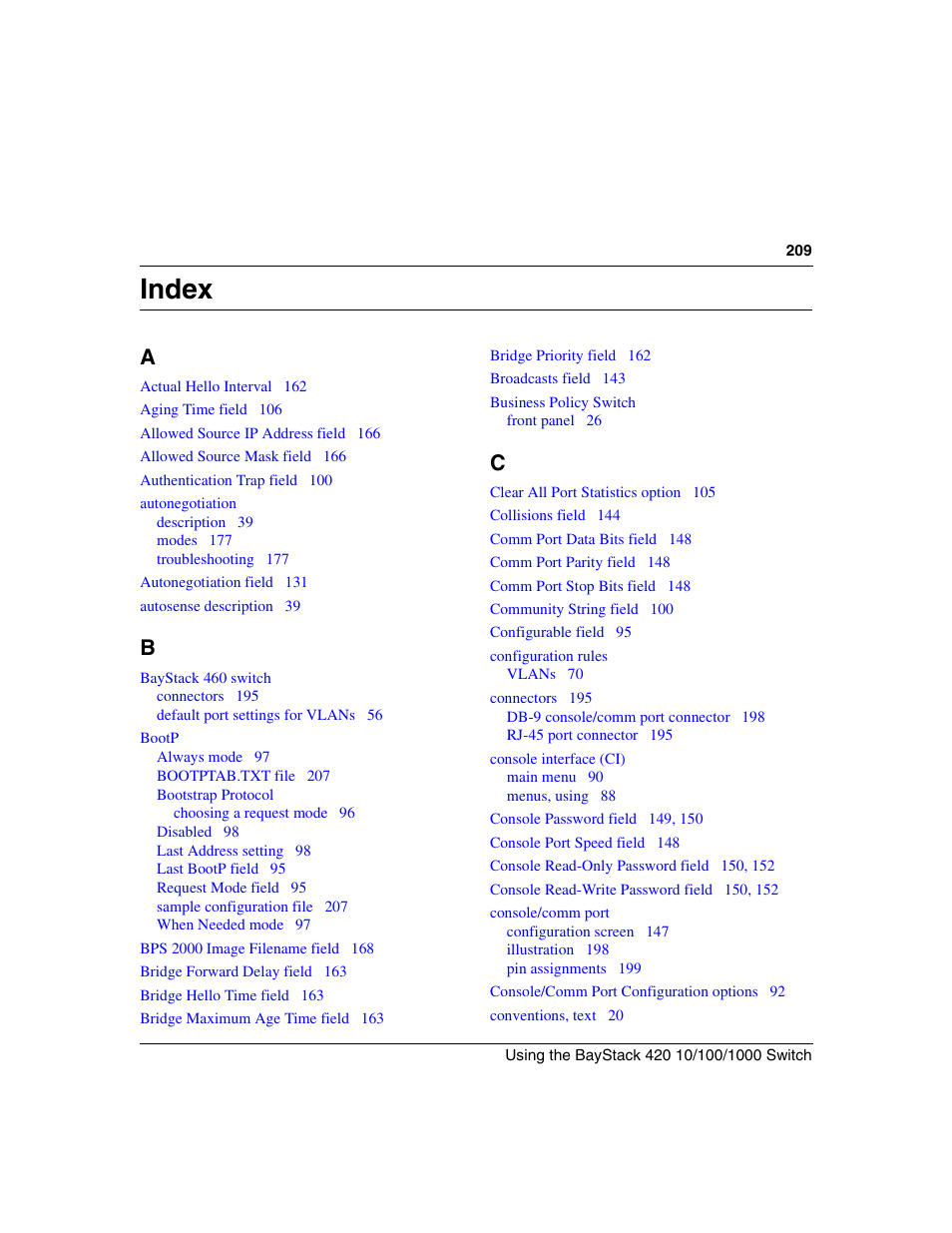 Index | Nortel Networks 1000ASE-XD User Manual | Page 209 / 214