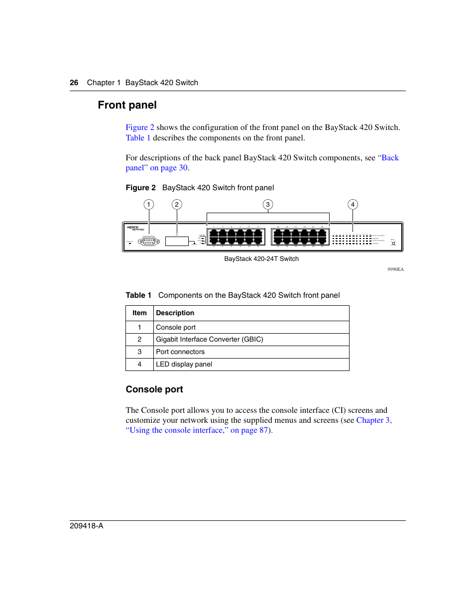 Front panel, Console port, Figure 2 | Baystack 420 switch front panel, Table 1, Components on the baystack 420 switch front panel, Figure 2 baystack 420 switch | Nortel Networks 1000ASE-XD User Manual | Page 26 / 214