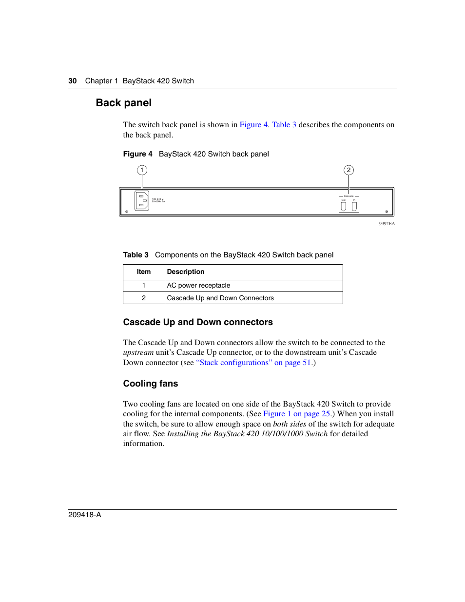 Back panel, Cascade up and down connectors, Cooling fans | Figure 4, Baystack 420 switch back panel, Table 3, Components on the baystack 420 switch back panel, Back | Nortel Networks 1000ASE-XD User Manual | Page 30 / 214