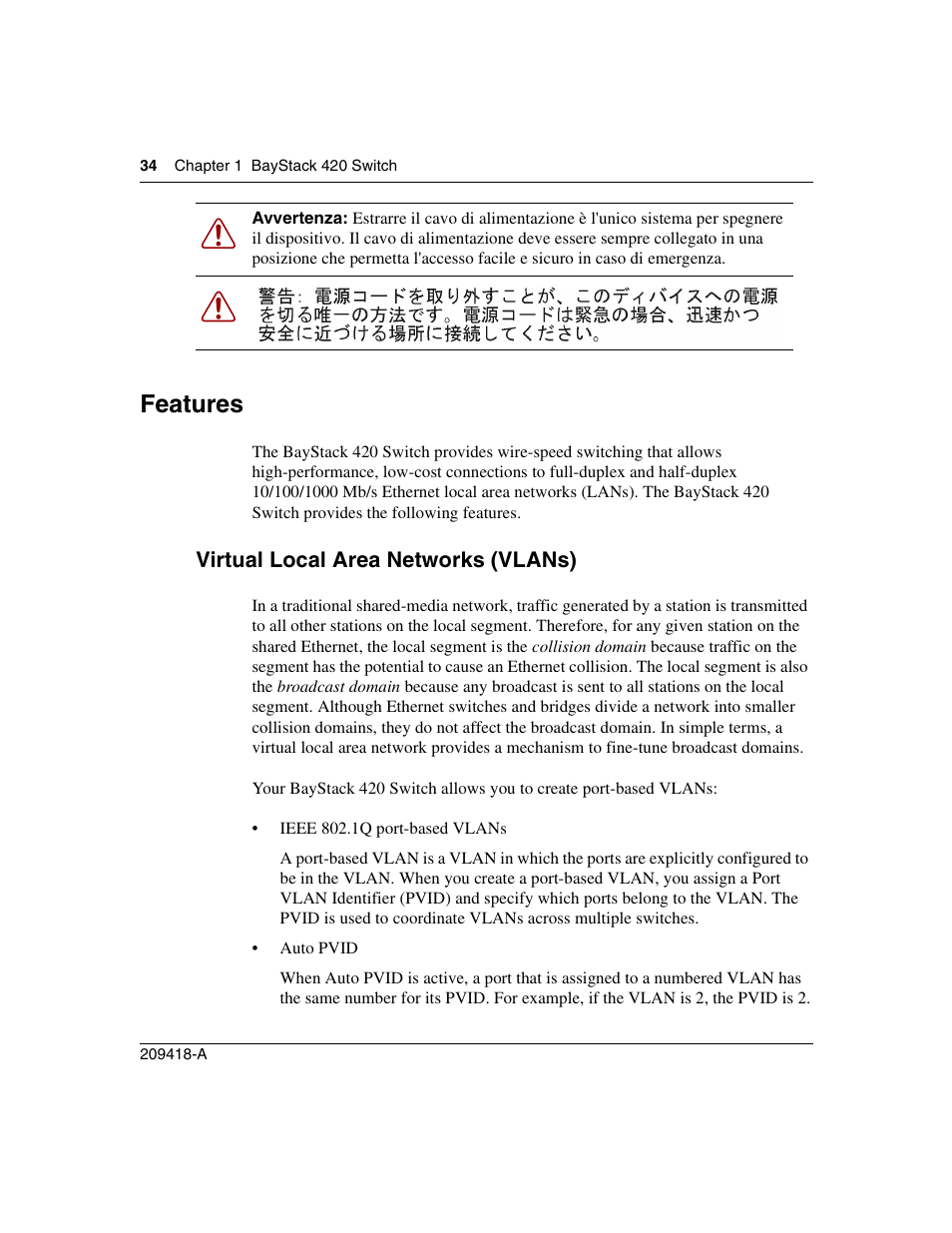 Features, Virtual local area networks (vlans) | Nortel Networks 1000ASE-XD User Manual | Page 34 / 214