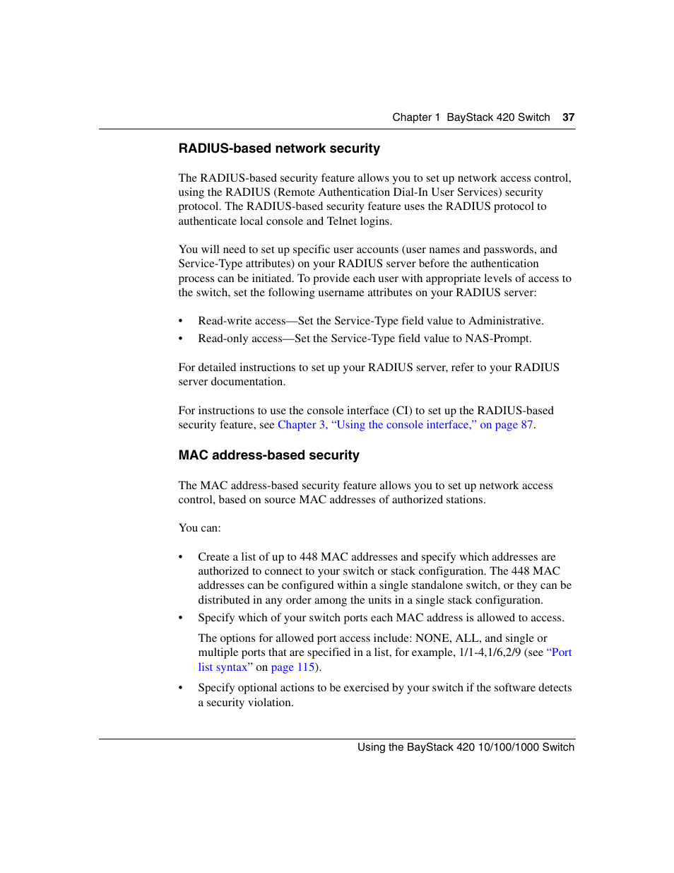 Radius-based network security, Mac address-based security, Radius-based network | Nortel Networks 1000ASE-XD User Manual | Page 37 / 214