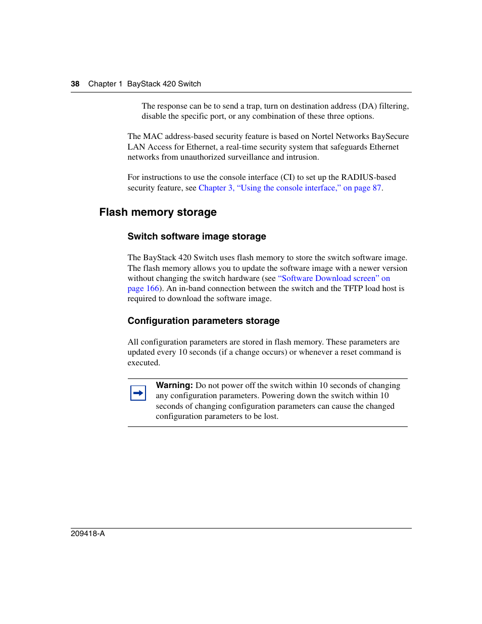 Flash memory storage, Switch software image storage, Configuration parameters storage | Nortel Networks 1000ASE-XD User Manual | Page 38 / 214