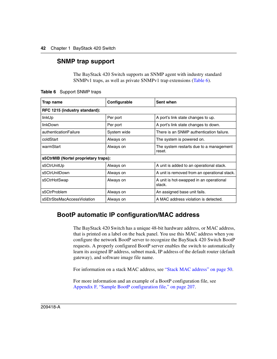 Snmp trap support, Bootp automatic ip configuration/mac address, Table 6 | Support snmp traps | Nortel Networks 1000ASE-XD User Manual | Page 42 / 214