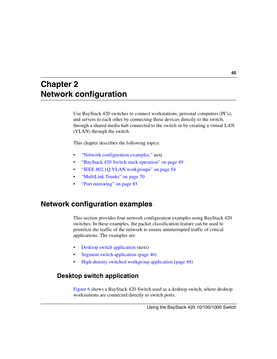 Chapter 2 network configuration, Network configuration examples, Desktop switch application | Nortel Networks 1000ASE-XD User Manual | Page 45 / 214