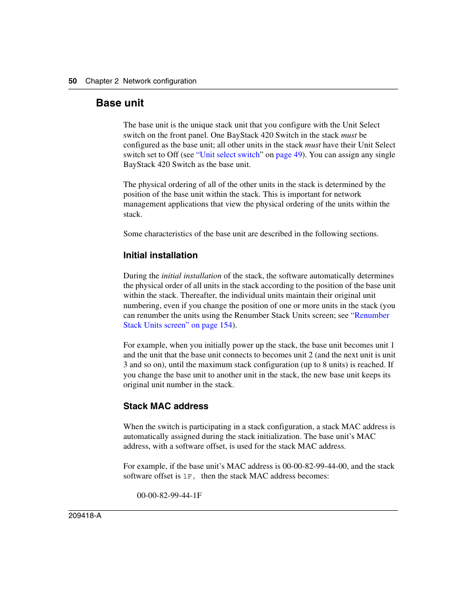 Base unit, Initial installation, Stack mac address | Nortel Networks 1000ASE-XD User Manual | Page 50 / 214