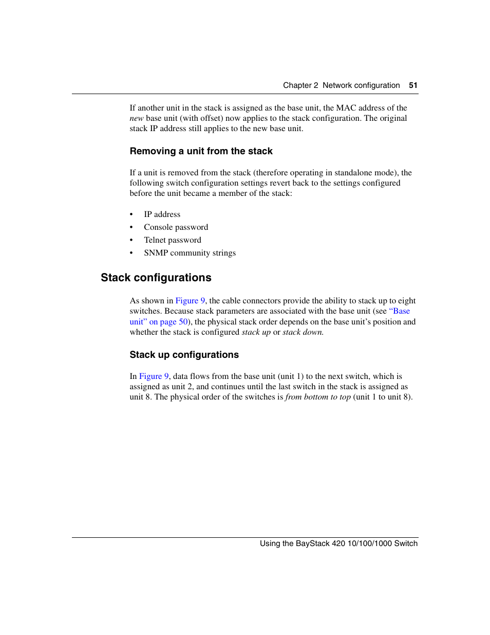 Removing a unit from the stack, Stack configurations, Stack up configurations | Nortel Networks 1000ASE-XD User Manual | Page 51 / 214