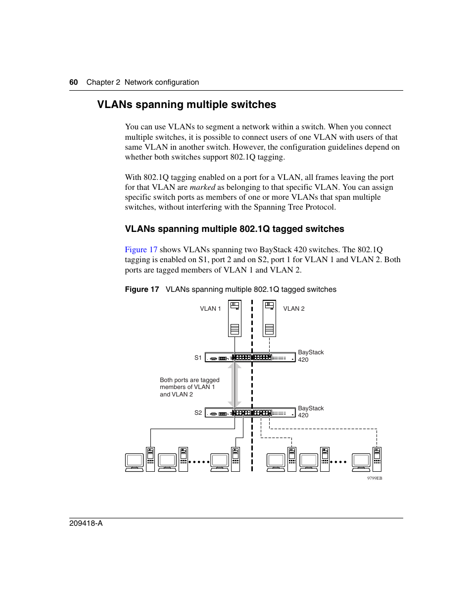 Vlans spanning multiple switches, Vlans spanning multiple 802.1q tagged switches, Figure 17 | Nortel Networks 1000ASE-XD User Manual | Page 60 / 214