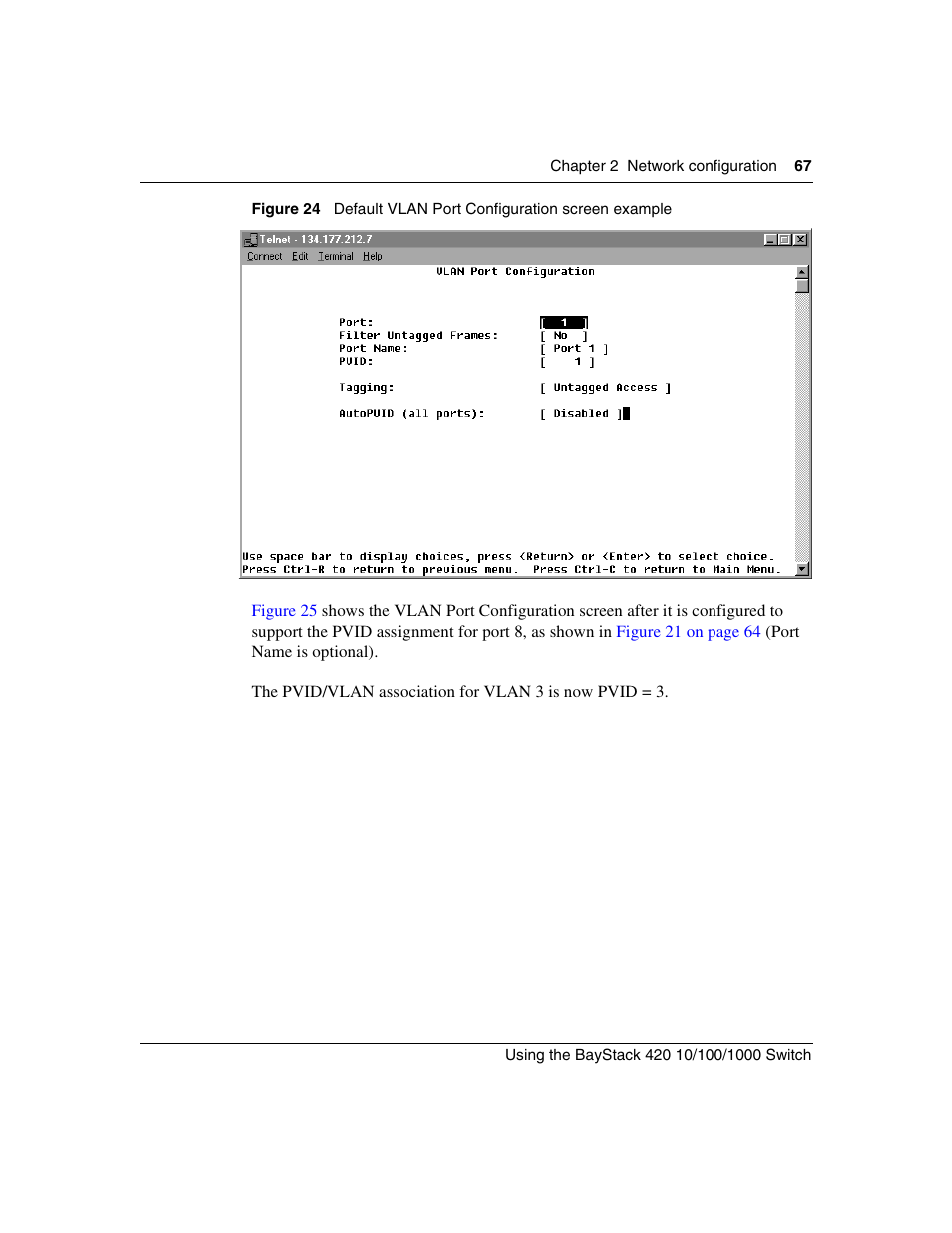 Figure 24, Default vlan port configuration screen example | Nortel Networks 1000ASE-XD User Manual | Page 67 / 214