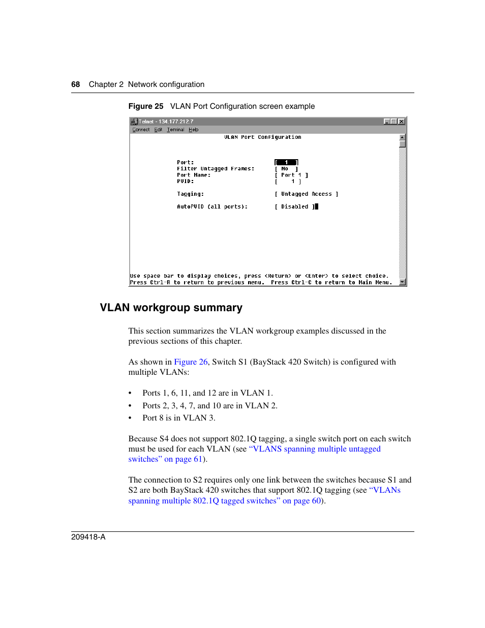 Vlan workgroup summary, Figure 25, Vlan port configuration screen example | Nortel Networks 1000ASE-XD User Manual | Page 68 / 214