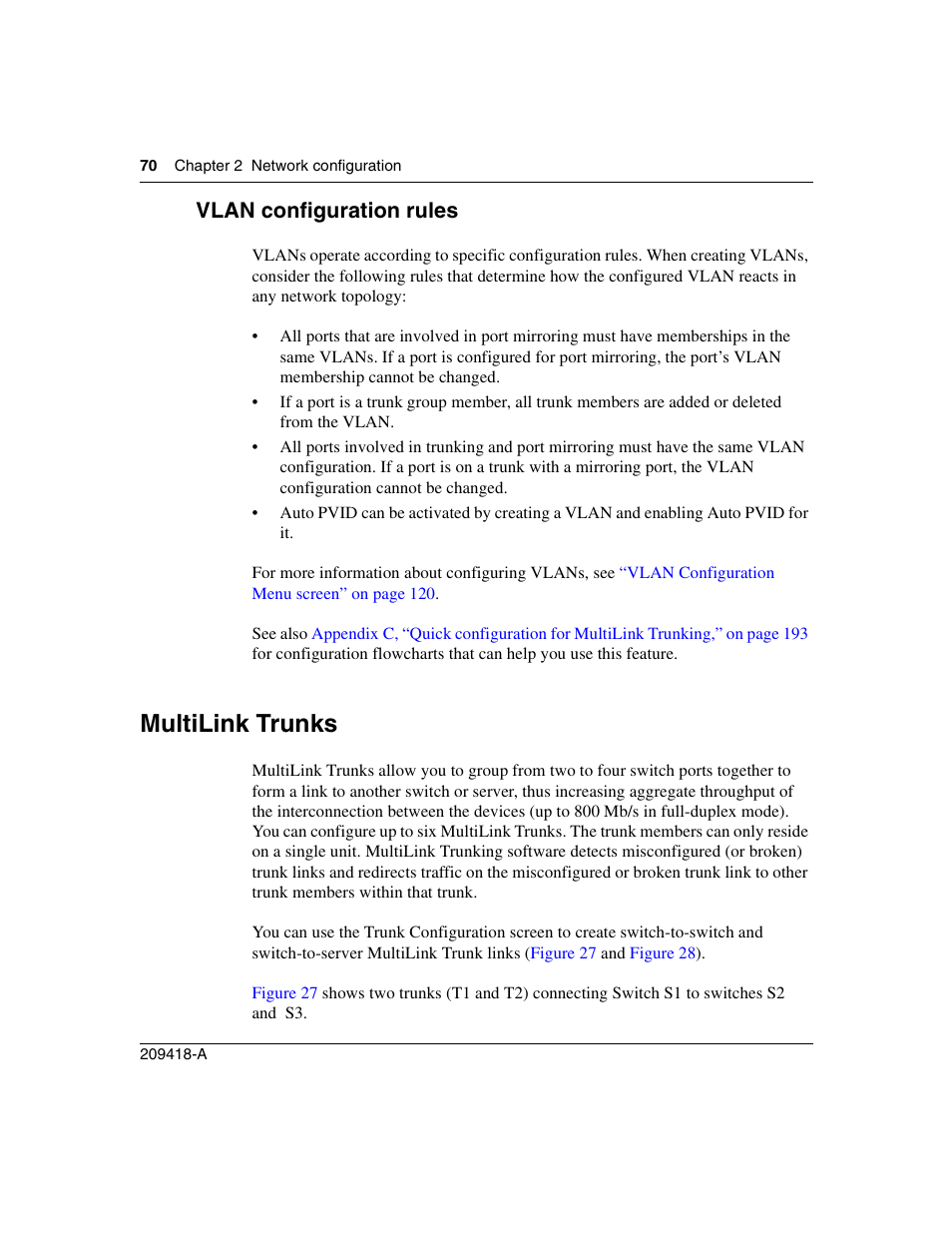 Vlan configuration rules, Multilink trunks | Nortel Networks 1000ASE-XD User Manual | Page 70 / 214