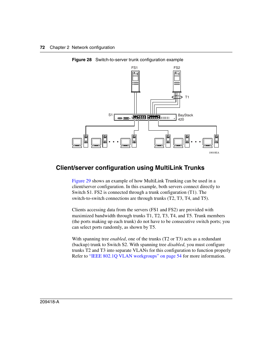 Client/server configuration using multilink trunks, Figure 28, Switch-to-server trunk configuration example | Nortel Networks 1000ASE-XD User Manual | Page 72 / 214