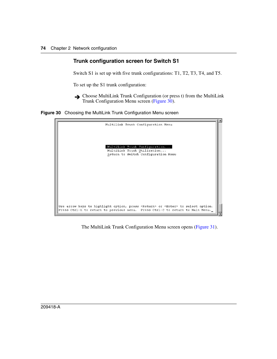 Trunk configuration screen for switch s1, Figure 30 | Nortel Networks 1000ASE-XD User Manual | Page 74 / 214