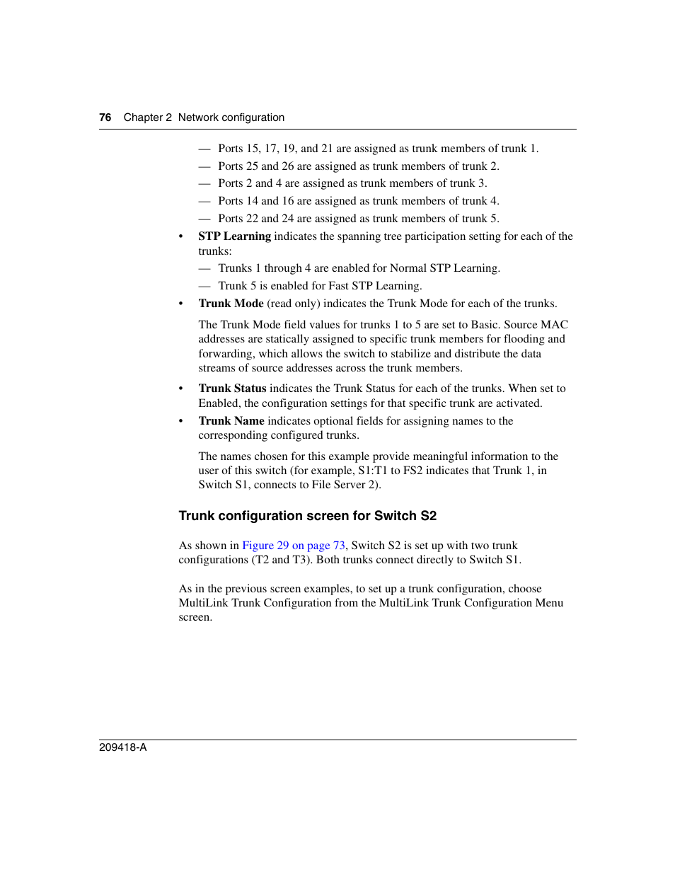 Trunk configuration screen for switch s2, Asymmetric mode | Nortel Networks 1000ASE-XD User Manual | Page 76 / 214