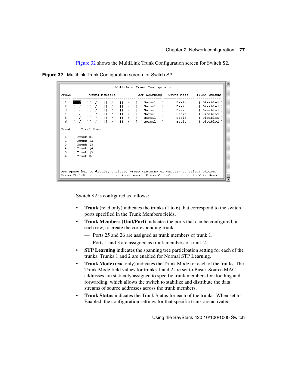 Figure 32, Multilink trunk configuration screen for switch s2 | Nortel Networks 1000ASE-XD User Manual | Page 77 / 214