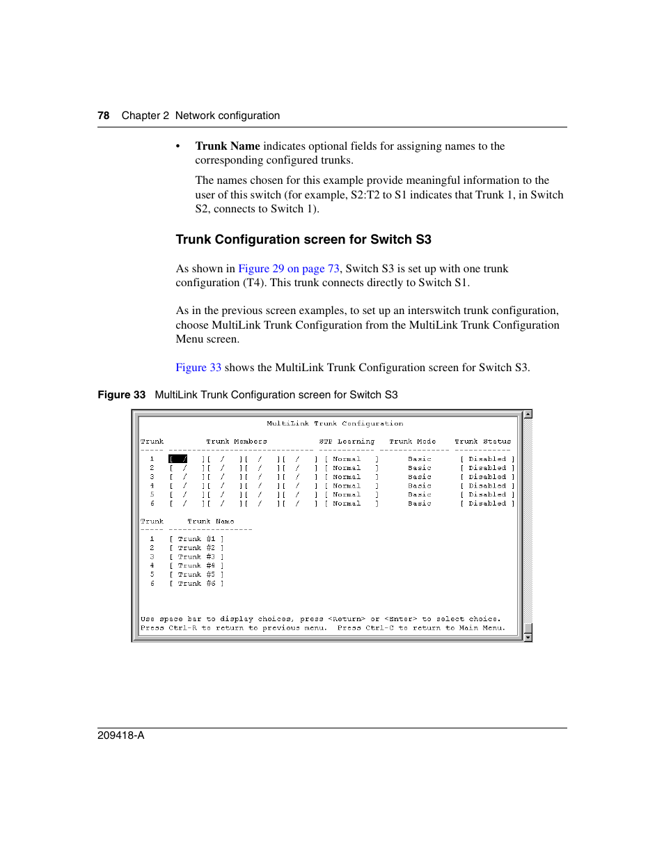 Trunk configuration screen for switch s3, Figure 33, Multilink trunk configuration screen for switch s3 | Nortel Networks 1000ASE-XD User Manual | Page 78 / 214