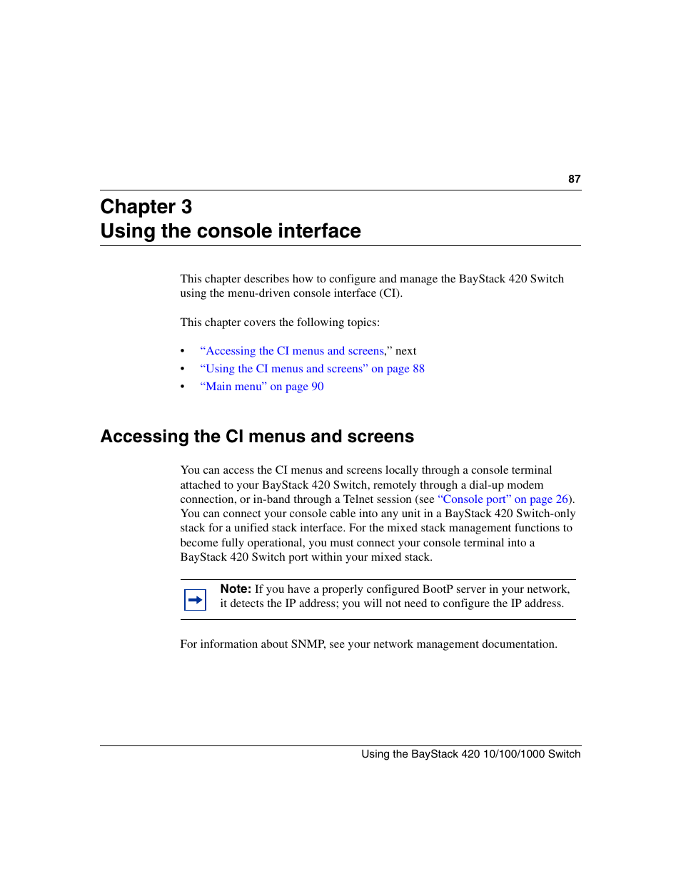 Chapter 3 using the console interface, Accessing the ci menus and screens, Chapter 3 | Nortel Networks 1000ASE-XD User Manual | Page 87 / 214