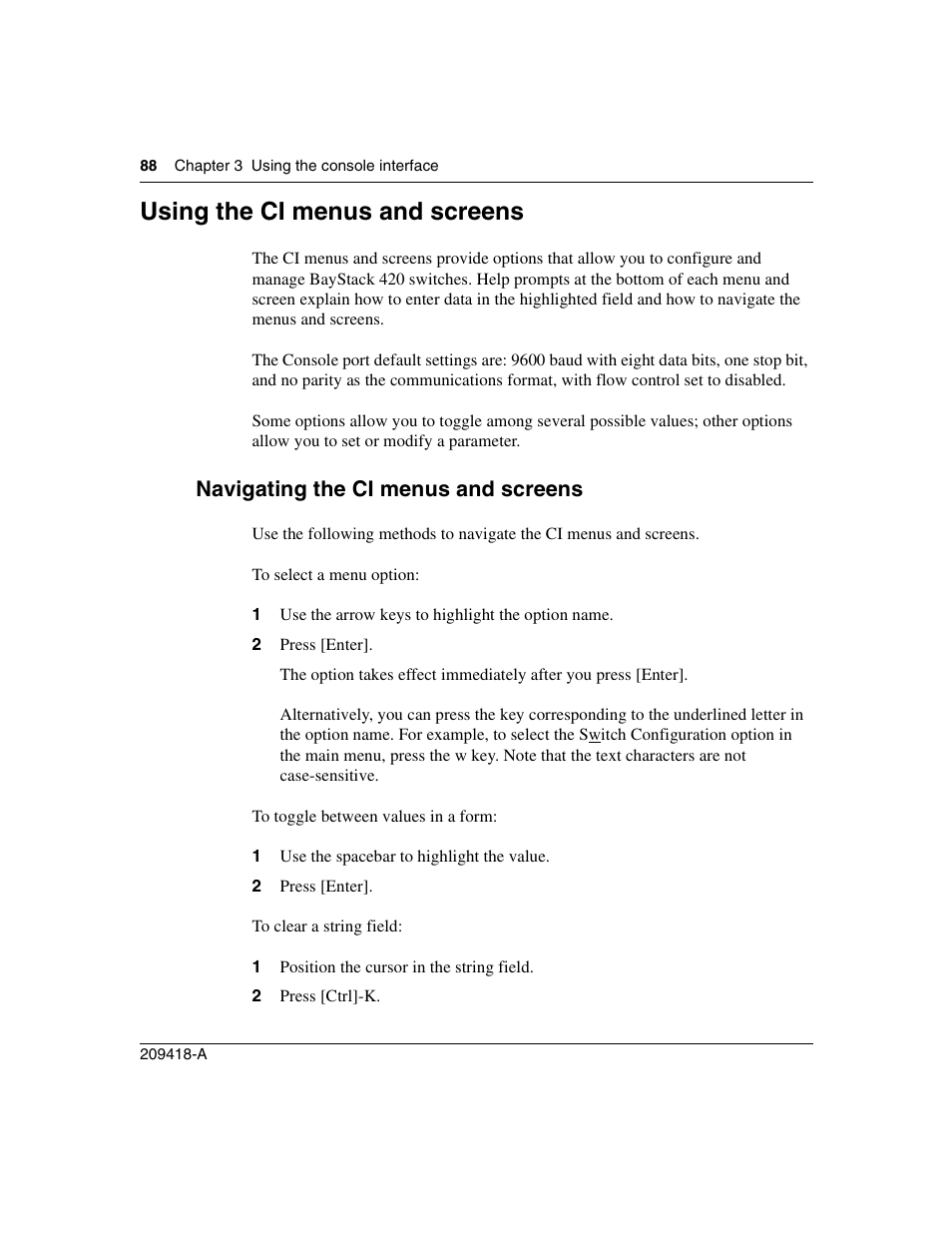 Using the ci menus and screens, Navigating the ci menus and screens | Nortel Networks 1000ASE-XD User Manual | Page 88 / 214