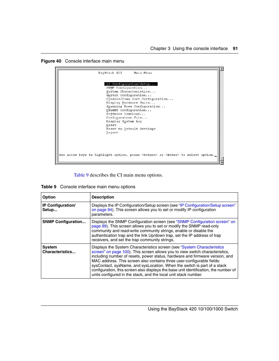 Figure 40, Console interface main menu, Table 9 | Console interface main menu options | Nortel Networks 1000ASE-XD User Manual | Page 91 / 214