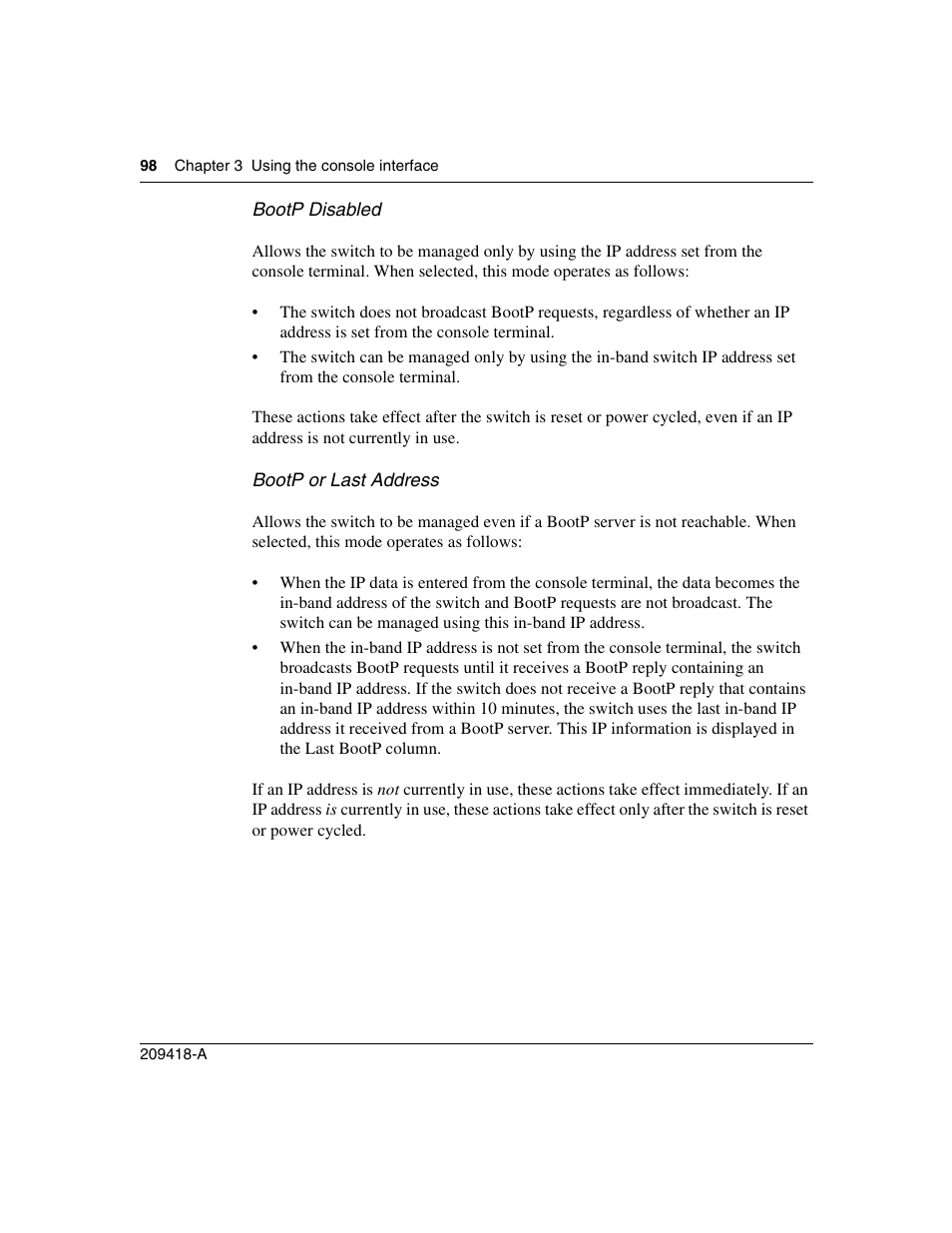 Bootp disabled, Bootp or last address | Nortel Networks 1000ASE-XD User Manual | Page 98 / 214