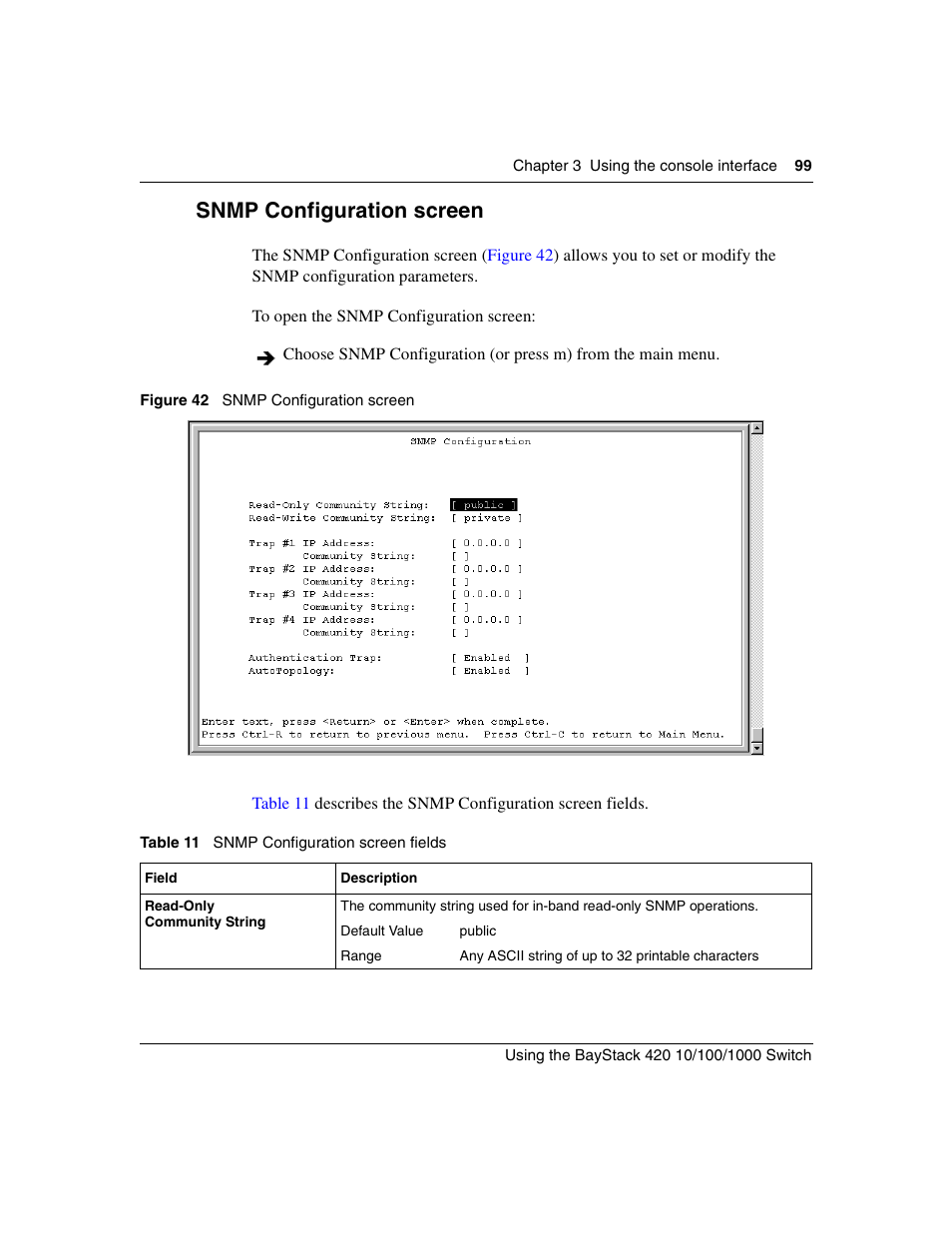 Snmp configuration screen, Figure 42, Table 11 | Snmp configuration screen fields, Snmp configuration screen” on | Nortel Networks 1000ASE-XD User Manual | Page 99 / 214