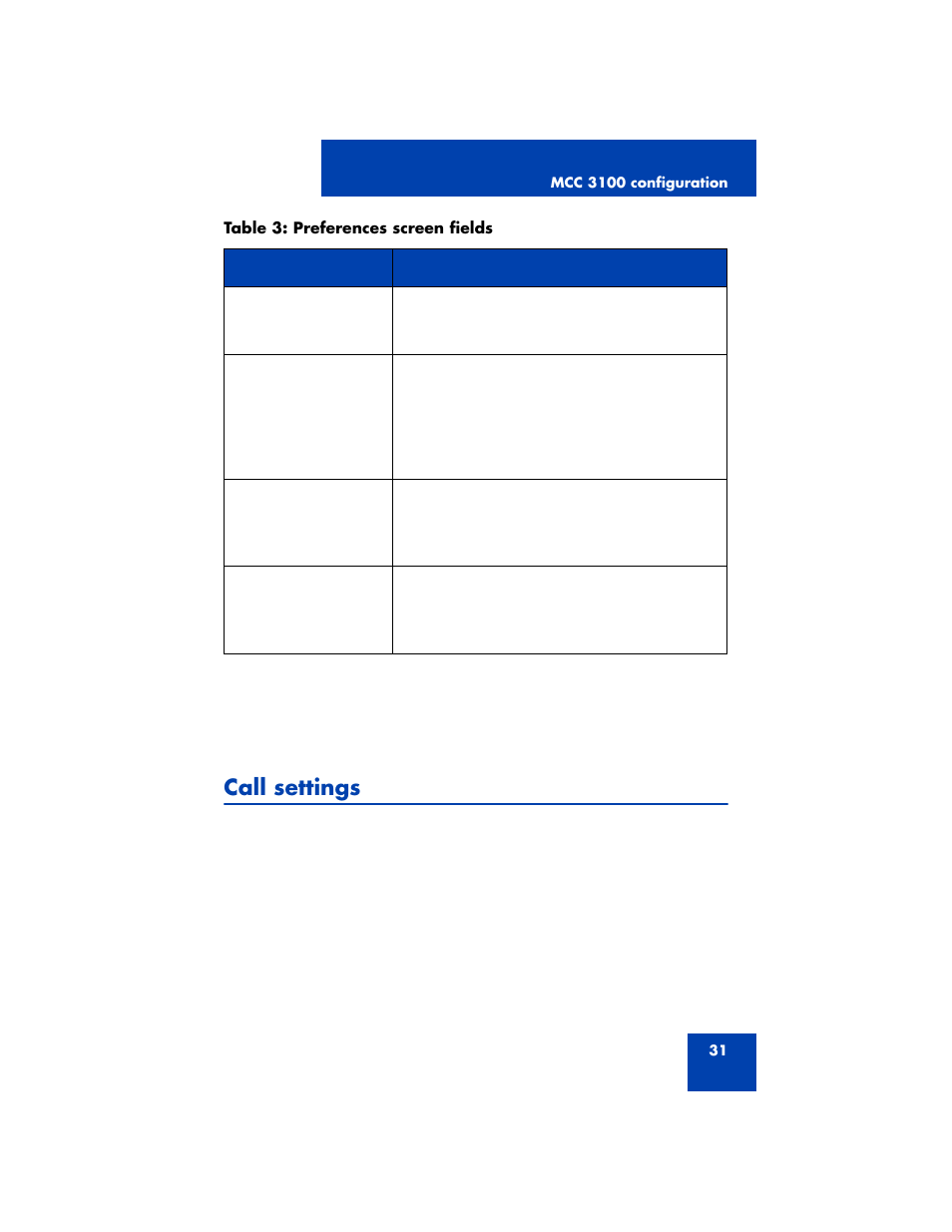 Call settings | Nortel Networks 3100 User Manual | Page 31 / 72