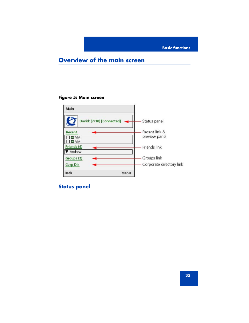 Overview of the main screen, Status panel | Nortel Networks 3100 User Manual | Page 35 / 72