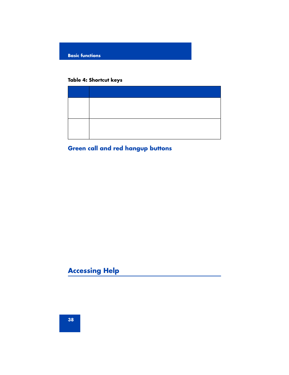 Green call and red hangup buttons, Accessing help | Nortel Networks 3100 User Manual | Page 38 / 72