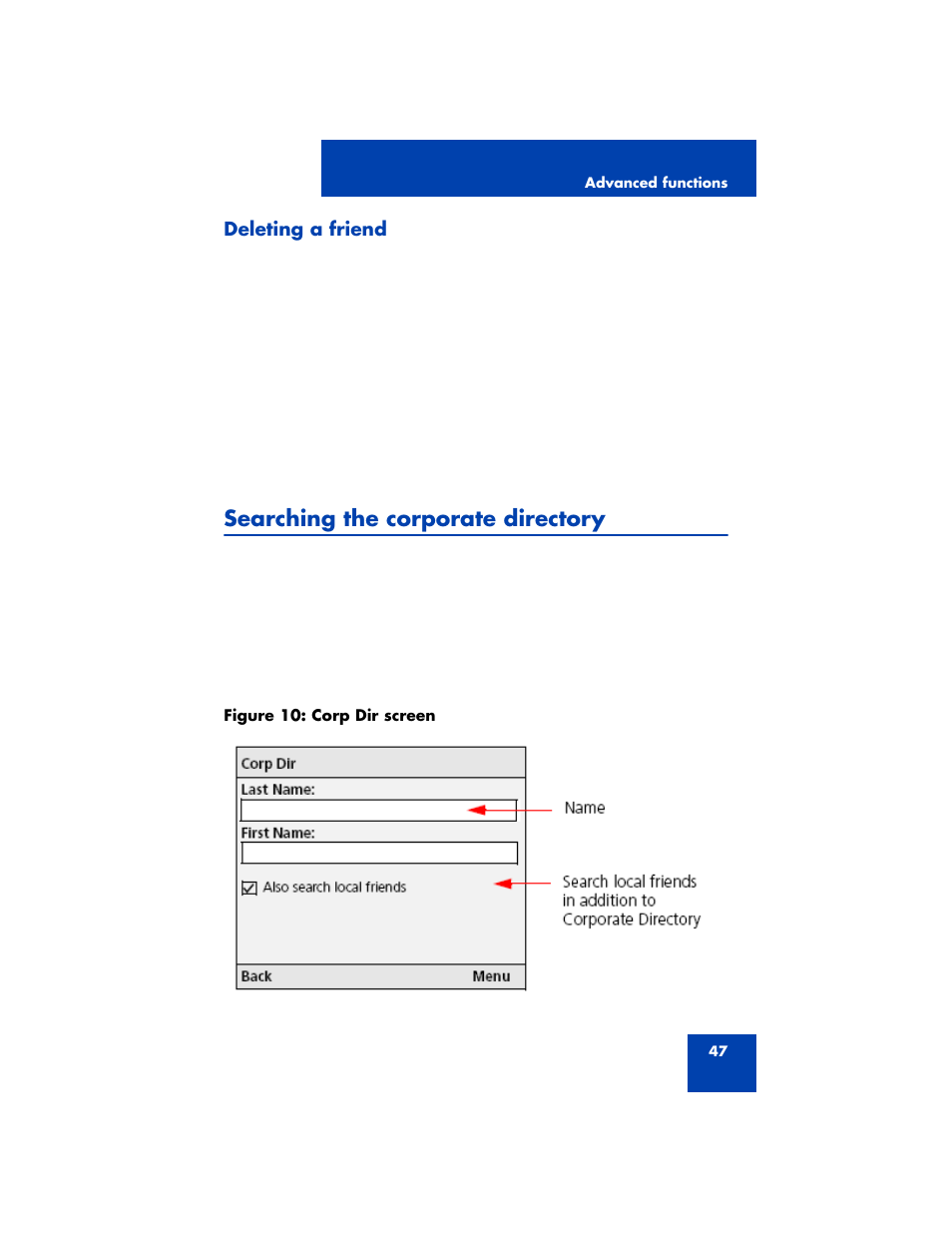Deleting a friend, Searching the corporate directory | Nortel Networks 3100 User Manual | Page 47 / 72