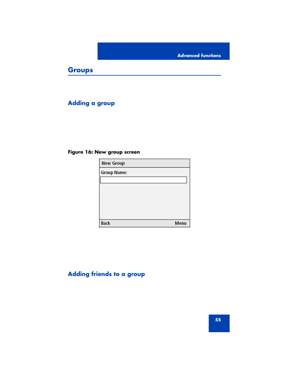 Groups, Adding a group, Adding friends to a group | Nortel Networks 3100 User Manual | Page 55 / 72