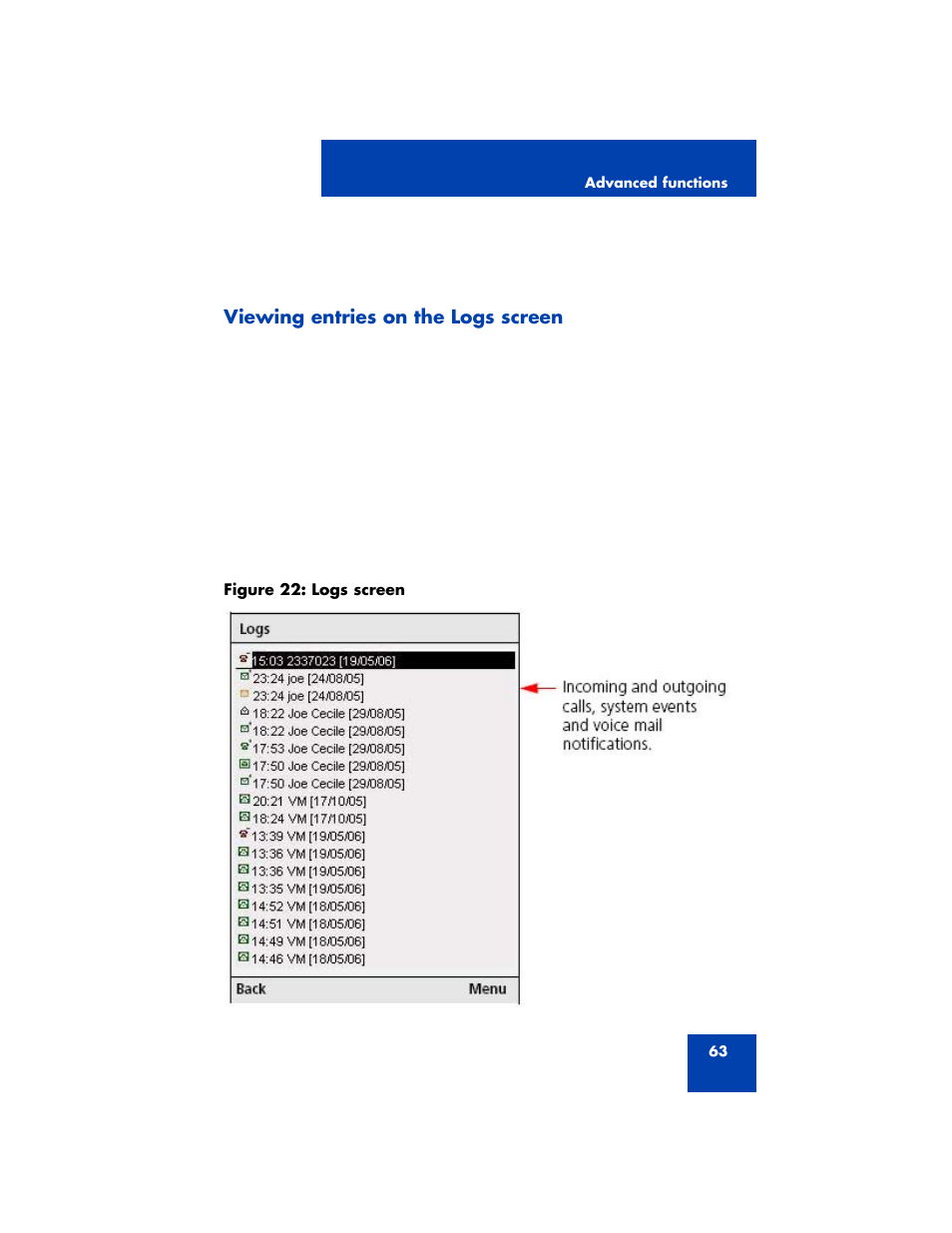 Viewing entries on the logs screen | Nortel Networks 3100 User Manual | Page 63 / 72