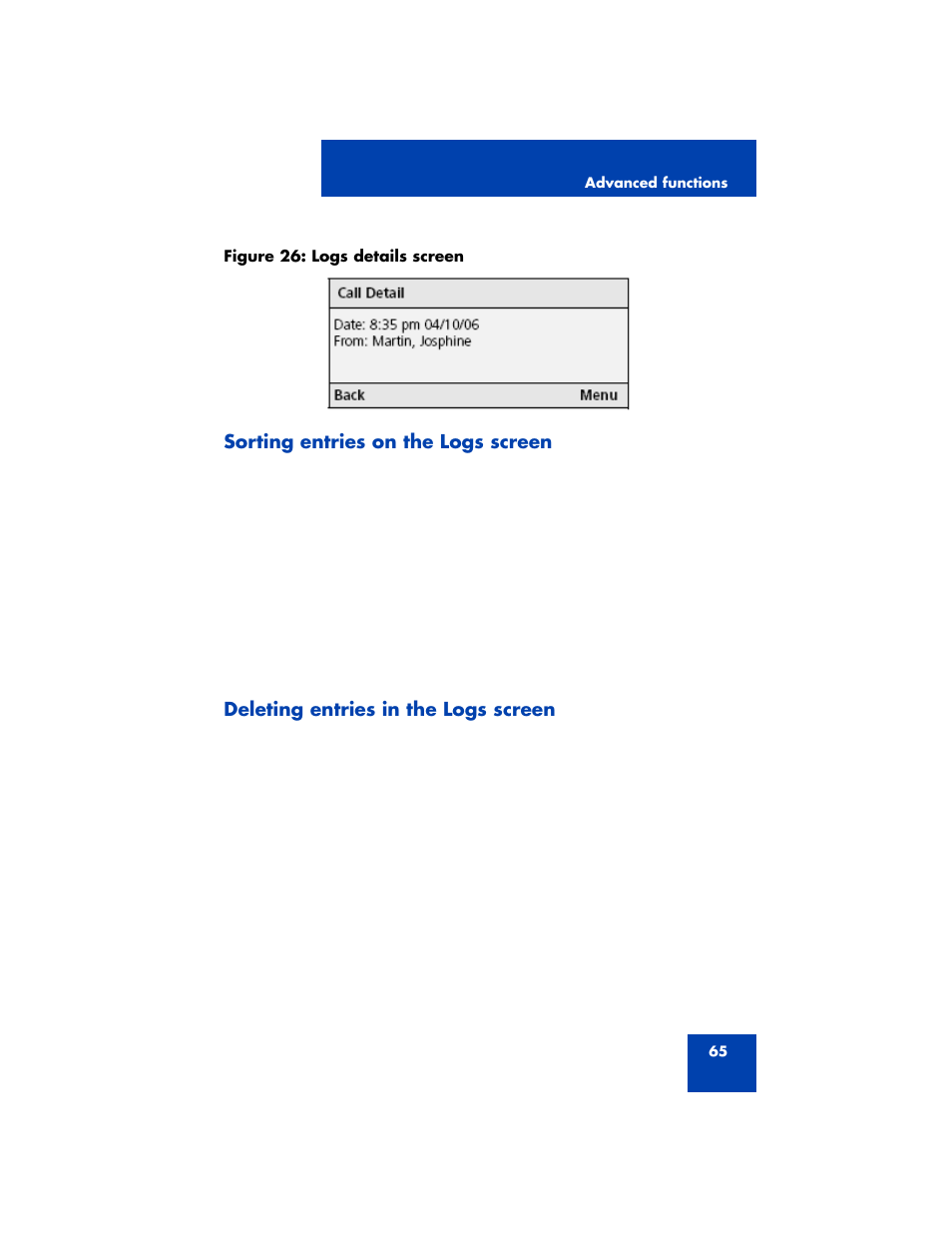 Sorting entries on the logs screen, Deleting entries in the logs screen | Nortel Networks 3100 User Manual | Page 65 / 72