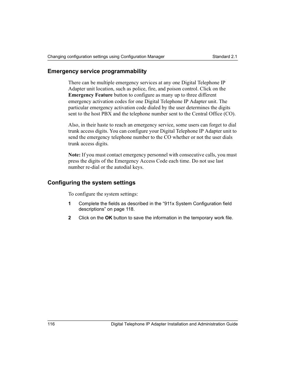 Emergency service programmability, Configuring the system settings | Nortel Networks M3310 User Manual | Page 116 / 264