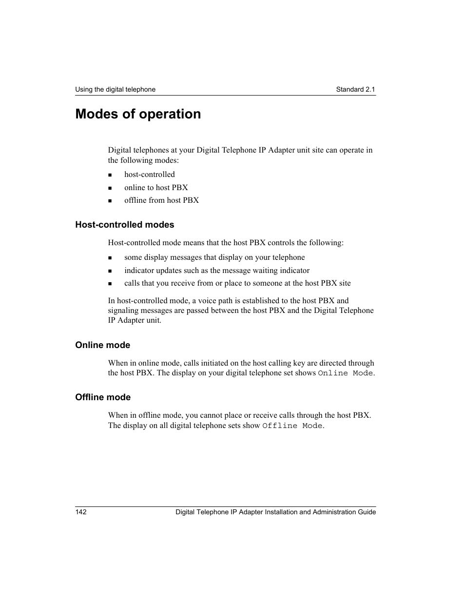 Modes of operation, Host-controlled modes, Online mode | Offline mode, Host-controlled modes online mode offline mode | Nortel Networks M3310 User Manual | Page 142 / 264